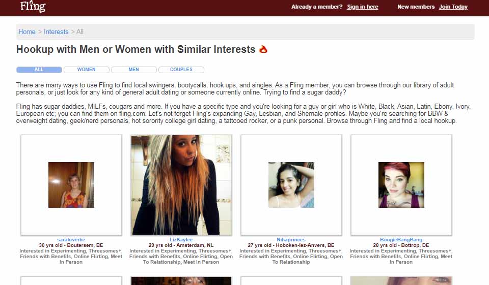 Searching options and filters at Fling