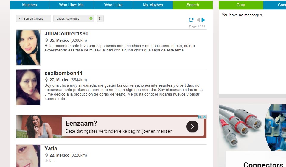 Searching Options and Filters at Amor en Linea