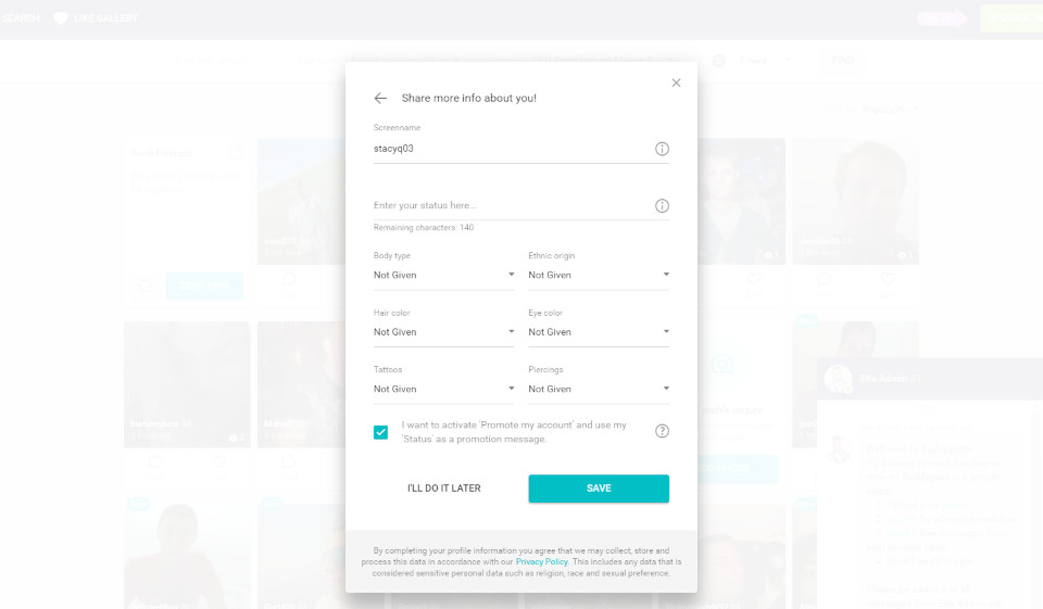 BuddyGays Website, App, Interface, Registration